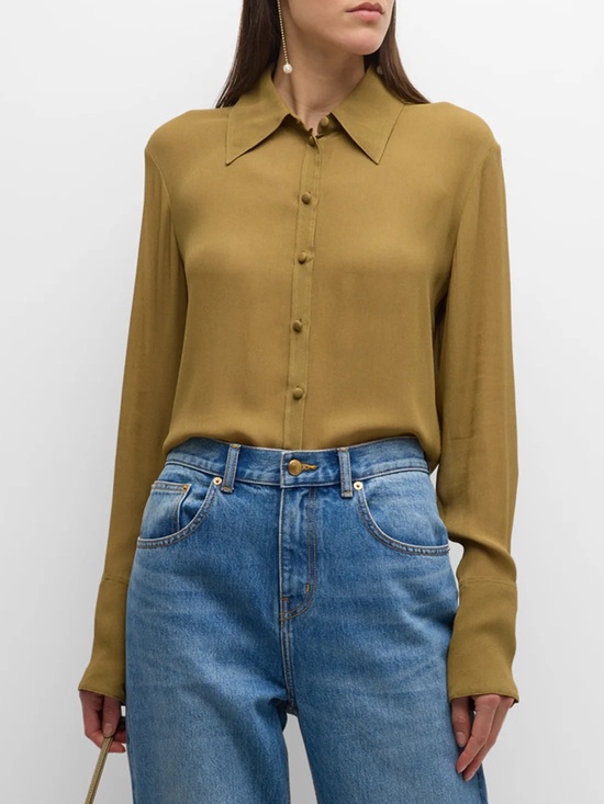 Tory Burch Tops - NWT [Tory Burch] Cuffed Viscose Button-Up Long-Sleeve Shirt Ash Green Women’s 4